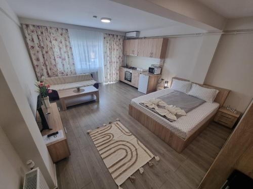 ティミショアラにあるCity Premium Apartmentsの小さなベッドルーム(ベッド1台付)、キッチンが備わります。