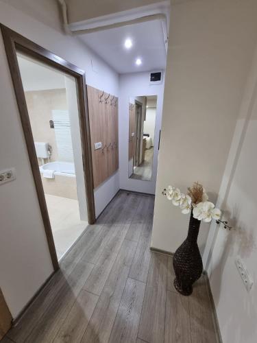 a hallway with a vase with flowers in it at City Premium Apartments in Timişoara