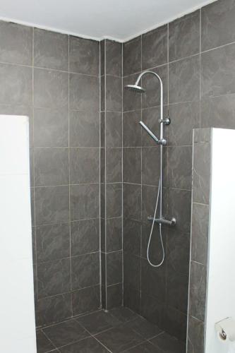 a shower with a shower head in a bathroom at Morne Side Apartments in La Gaulette