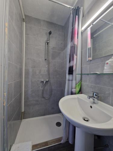 y baño con lavamanos, ducha y lavamanos. en Hôtel du Nord en Cannes