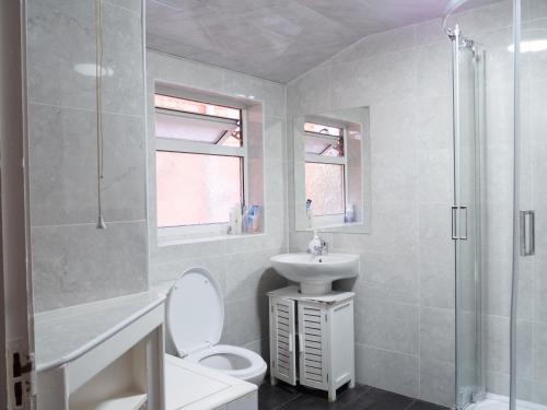 uma casa de banho com um WC, um lavatório e um chuveiro em Convenient 3BR close to QE Hospital & University of Birmingham em Birmingham