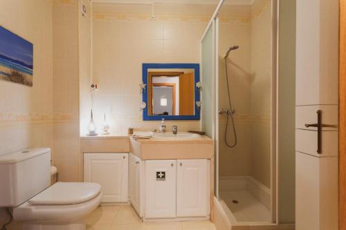 a bathroom with a toilet and a sink and a shower at Best Houses 40 - You me and the sea in Ferrel