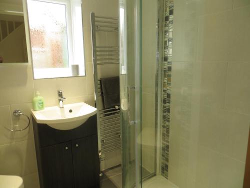 W łazience znajduje się umywalka i przeszklony prysznic. w obiekcie Easter Cottage w mieście Dersingham