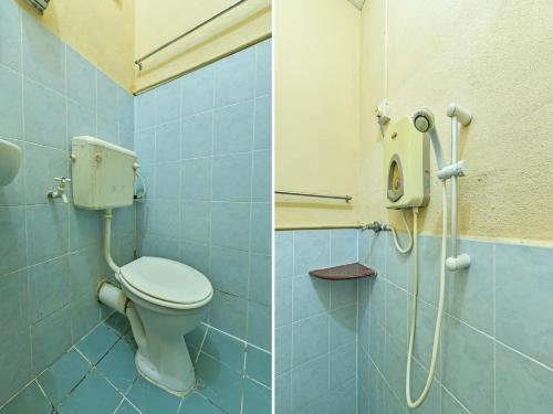 two pictures of a bathroom with a toilet and a shower at OYO 90706 Empire Inn 2 in Kota Bharu