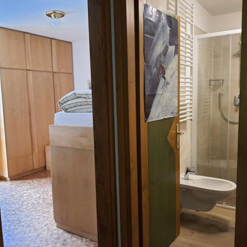 a bathroom with a bed and a shower and a sink at Sass Pordoi in Mazzin