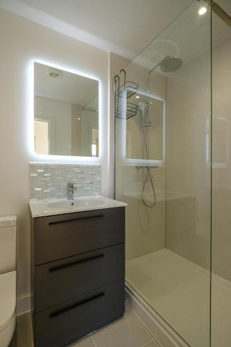 a bathroom with a sink and a shower with a mirror at Three Tuns - Garden Suite 3 in Wickham Market