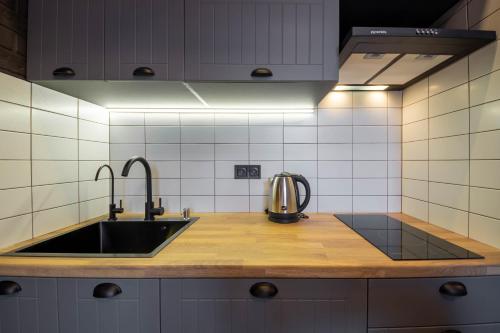 a kitchen with a sink and a counter top at Idea Design Apart-Hotel Prorizna in Kyiv