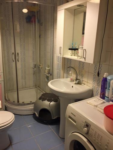 een badkamer met een douche, een wastafel en een wasmachine bij Private Room in Istanbul #34 in Istanbul
