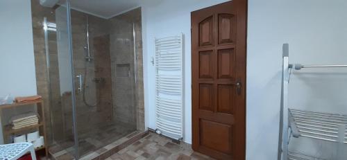 a bathroom with a shower with a glass door at Chalupa Čistá v Krkonoších 8 in Cerny Dul