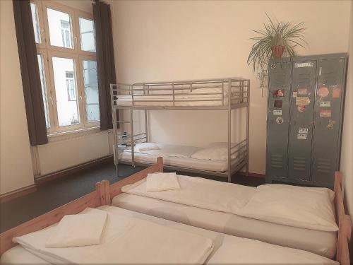 Zimmer mit 2 Etagenbetten und einem Fenster in der Unterkunft Die Fabrik - baxpax Hotel in Berlin