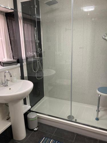 a bathroom with a shower and a sink at High Oak Holiday Cottage in Thirsk