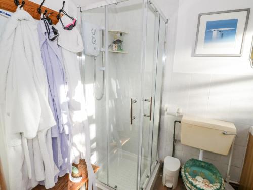 um chuveiro com uma porta de vidro na casa de banho em The Orangery em Worcester