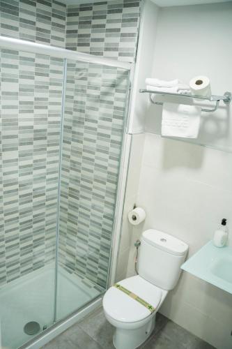 a white bathroom with a shower and a toilet at Hostal Goyesco Plaza in Plasencia