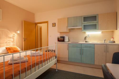 a small kitchen with a bed in a room at apartmány Marco Shipping in České Budějovice