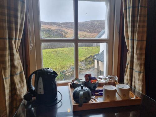 a kitchen window with a view of a green field at Langass Lodge in Carinish