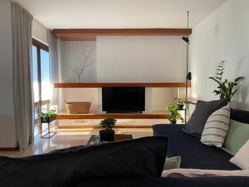 a living room with a couch and a flat screen tv at Holiday home Punta D'Oro with garden, parking place and lake access at 300 m in Iseo