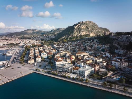 an aerial view of a city next to the water at Hotel Ippoliti in Nafplio