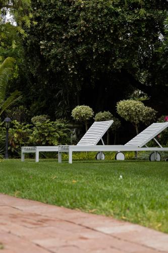 a white bench sitting in the grass in a park at Cape Village Lodge in Durbanville