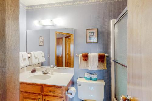 a bathroom with a sink and a toilet and a mirror at Holiday Island Overlook in Eureka Springs