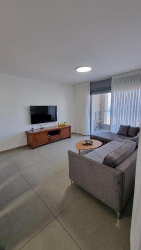 Apartment Sandarella في بات يام: غرفة معيشة بها أريكة وتلفزيون بشاشة مسطحة
