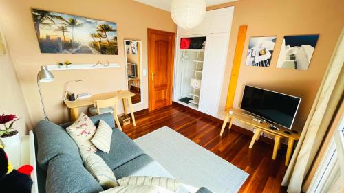 a living room with a blue couch and a television at Casa Carlini Homestay in Getxo
