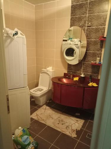 uma casa de banho com um WC e um espelho. em Private Room in Istanbul #49 em Tuzla