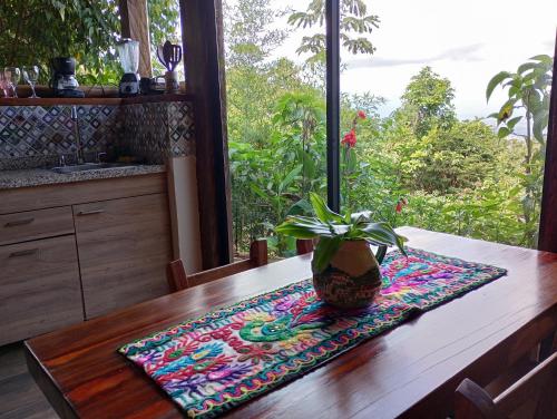 a table with a potted plant on top of it at Finca Colibrí Zafiro, Altos del Rosario in Cali