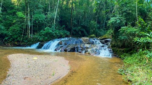 uma cascata no meio de um rio numa floresta em Pousada Olivier da Montanha - Recanto das Águas em Santo Antônio do Pinhal