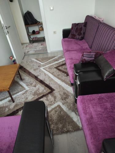 a living room with purple couches and a rug at Private Room in Istanbul #51 in Tuzla