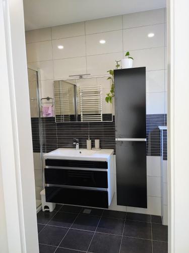 a bathroom with a sink and a mirror at Luxury Apartment Pape in Baška Voda
