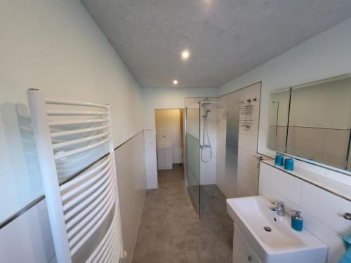 a white bathroom with a sink and a shower at Fewo Weidenhof in Großschwabhausen
