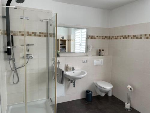 een badkamer met een douche, een wastafel en een toilet bij Fewo 1 - a79673 in Maagdenburg
