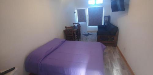 Un pequeño dormitorio con una cama púrpura y una silla en ABBA Departamento turistico en Trevelín