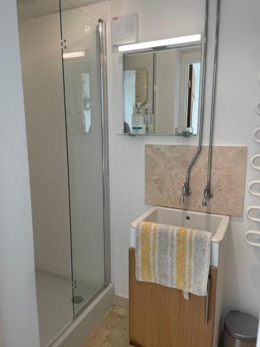 a bathroom with a sink and a shower at The Old Lookout in Osmington