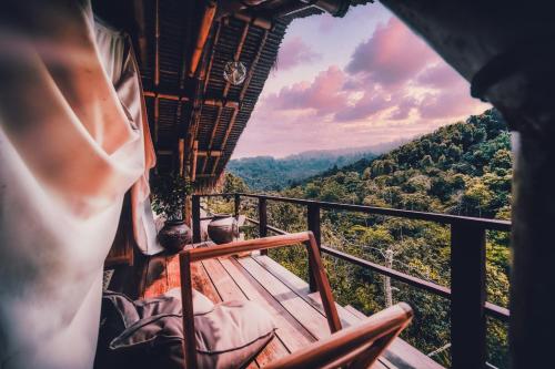 a view from the top of a tree house with a bench at Desa Eko in Munduk