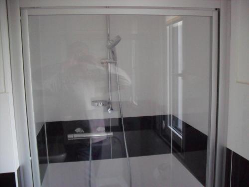 puerta de ducha de cristal con lavabo en el baño en Apartment Suda, en Rheinhausen