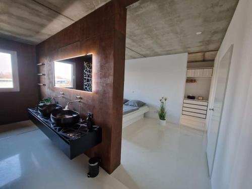 baño con lavabo y encimera con espejo en Exklusives Design-Penthouse MC1 en Seligenstadt