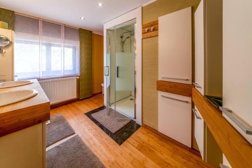 ein Bad mit einer Dusche und einem Waschbecken in der Unterkunft Ferienhaus CAMILLO in Büllingen