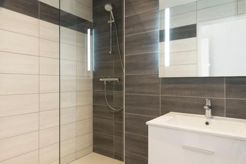 ein Bad mit einer Dusche, einem Waschbecken und einem Spiegel in der Unterkunft Le rayonnant du Placieux avec parking privé in Nancy