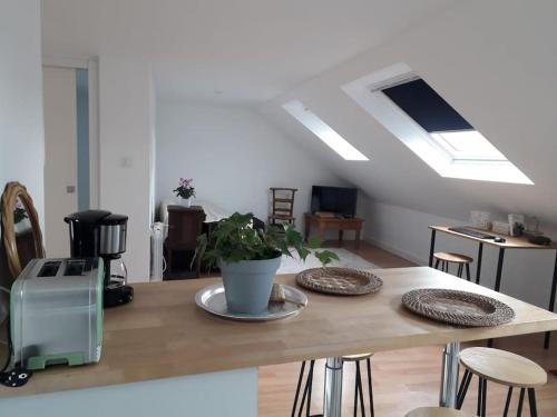 une cuisine avec une table et une plante. dans l'établissement VUE SUR LES ETOILES - STAYHOME - Appart 7, à Quimper
