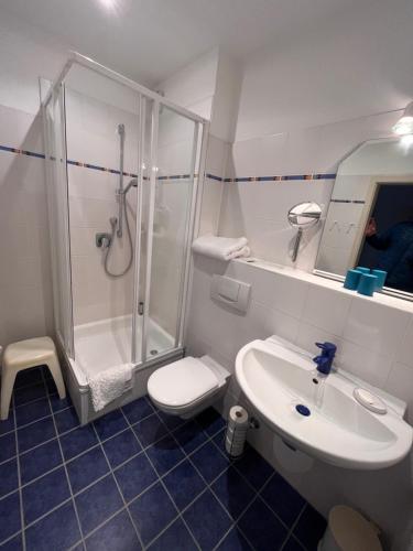 a bathroom with a shower and a toilet and a sink at Schloss Rössing - Messezimmer in historischem Ambiente in Nordstemmen