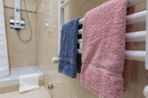 baño con toallas rosas y azules en un estante en In Verticale, en Turín