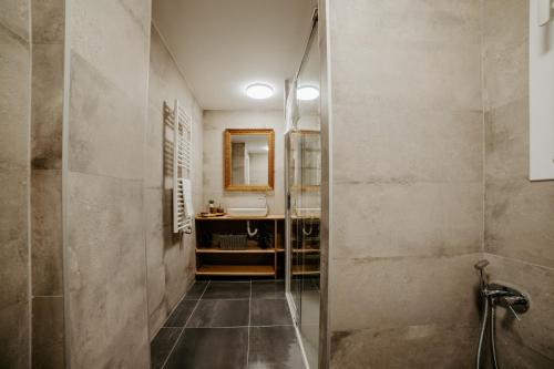 a bathroom with a walk in shower and a sink at Apartamento Vara de Rey in Logroño