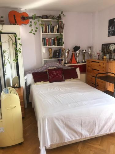 a bedroom with a bed and a guitar on the wall at Habitación económica in Tres Cantos