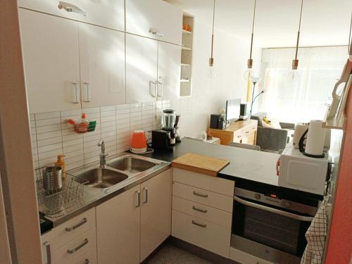 a small kitchen with white cabinets and a sink at Tribuperez à Juan-Antibes in Juan-les-Pins