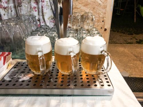 deux verres de bière assis sur une grille métallique dans l'établissement Pohoda u Lva, à Nová Pec