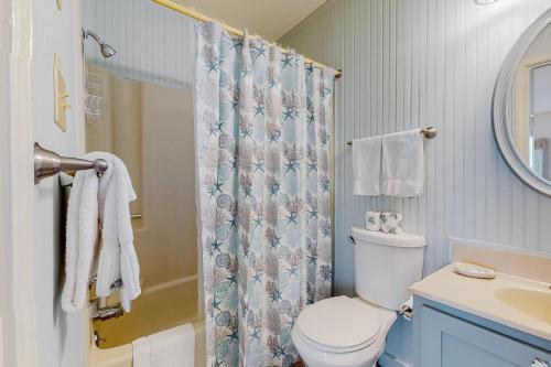 y baño con aseo y cortina de ducha. en Docktor's Oarders 180 RR, en Rodanthe