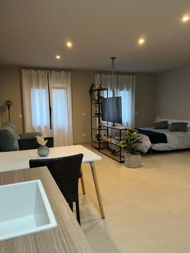 een woonkamer met een bank, een bed en een televisie bij Pensió i Apartament Torrent in L'Escala