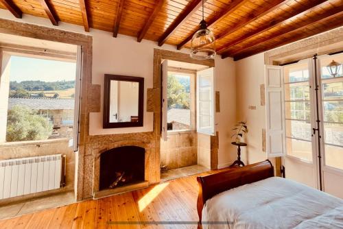 ein Schlafzimmer mit einem Kamin, einem Bett und einem Spiegel in der Unterkunft Casa Grande de Láncara in Lugo