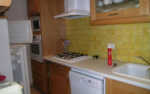 Il comprend une cuisine équipée d'une cuisinière. four supérieur à côté d'un évier dans l'établissement Le laurier aux esperifes, à Vidauban